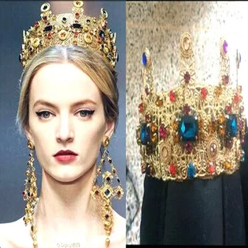 Луксозни Сватбени Декорации Златист Цвят Crystal Crown Обици Набор Барок широка Превръзка На Главата Сватбена Тиара Вечерни Кралицата на Короната Аксесоари За Коса